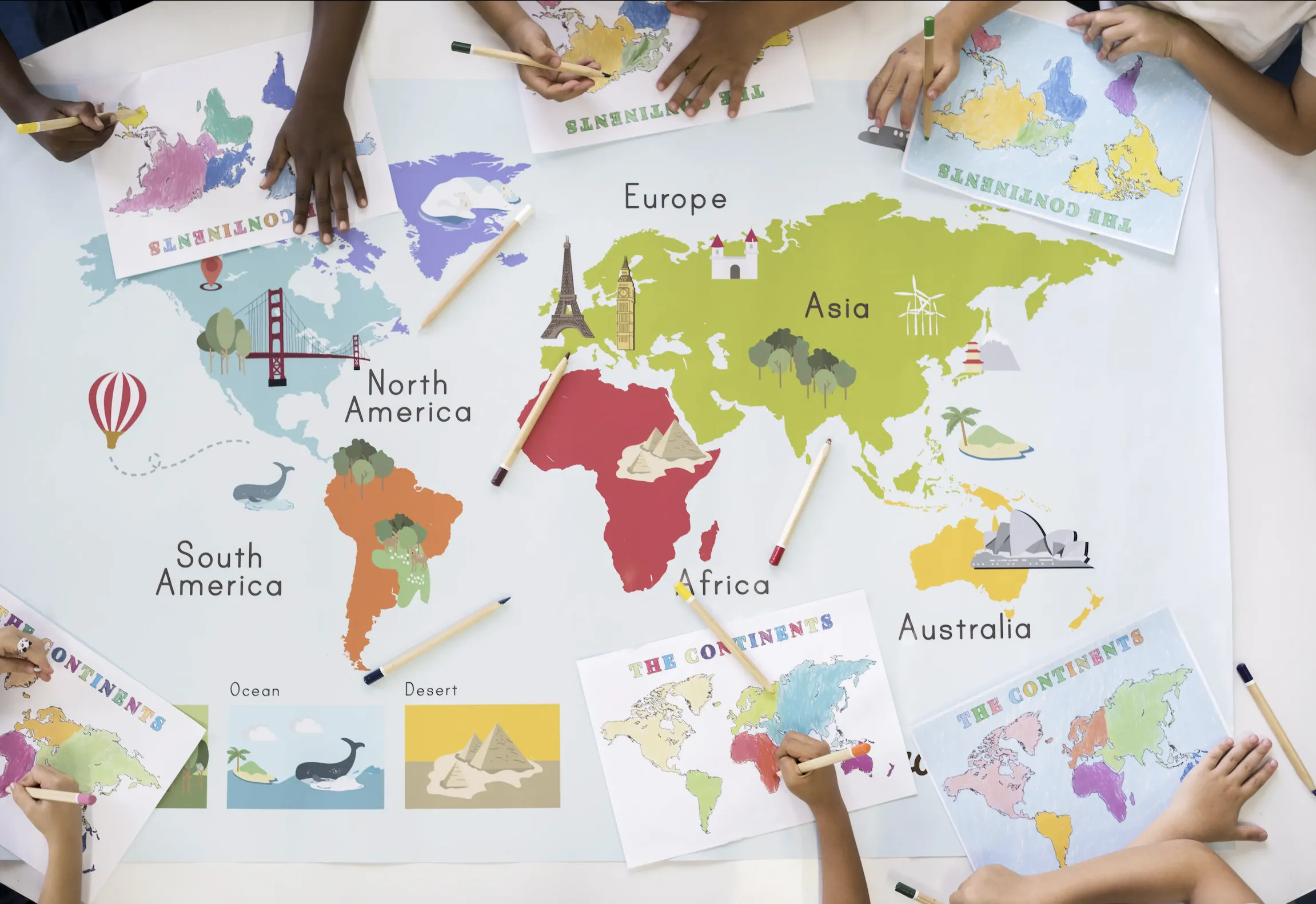 Children's hands pointing to a colorful world map, illustrating Helbeto's global reach in the chemical industry across Europe, the Middle East, and Central Asia.